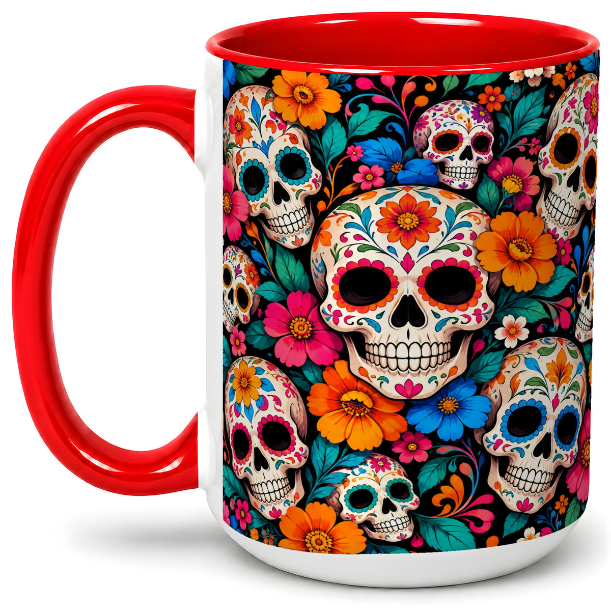 #pl[15oz|Red] Colorful Sugar Skull Ceramic Mug, Floral Day of the Dead Art