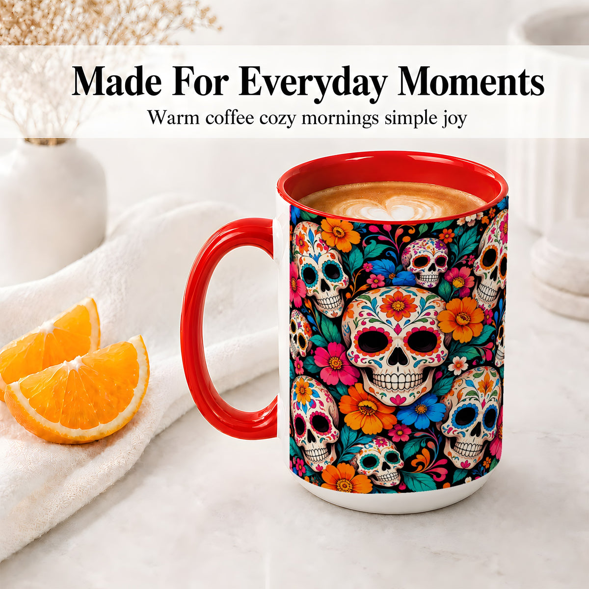 #pl[15oz|Red] Colorful Sugar Skull Ceramic Mug, Floral Day of the Dead Art