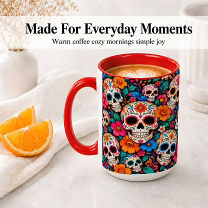 #pl[15oz|Red] Colorful Sugar Skull Ceramic Mug, Floral Day of the Dead Art