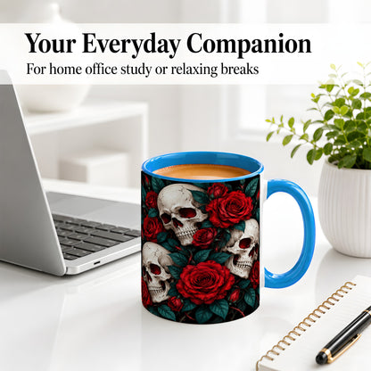 #pl[11oz|Blue] Red Rose Skull Ceramic Mug, Dark Gothic Roses and Floral Artwork