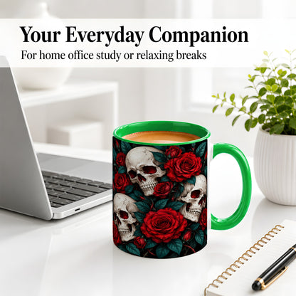 #pl[11oz|Green] Red Rose Skull Ceramic Mug, Dark Gothic Roses and Floral Artwork