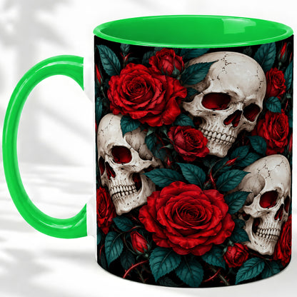 #pl[11oz|Green] Red Rose Skull Ceramic Mug, Dark Gothic Roses and Floral Artwork