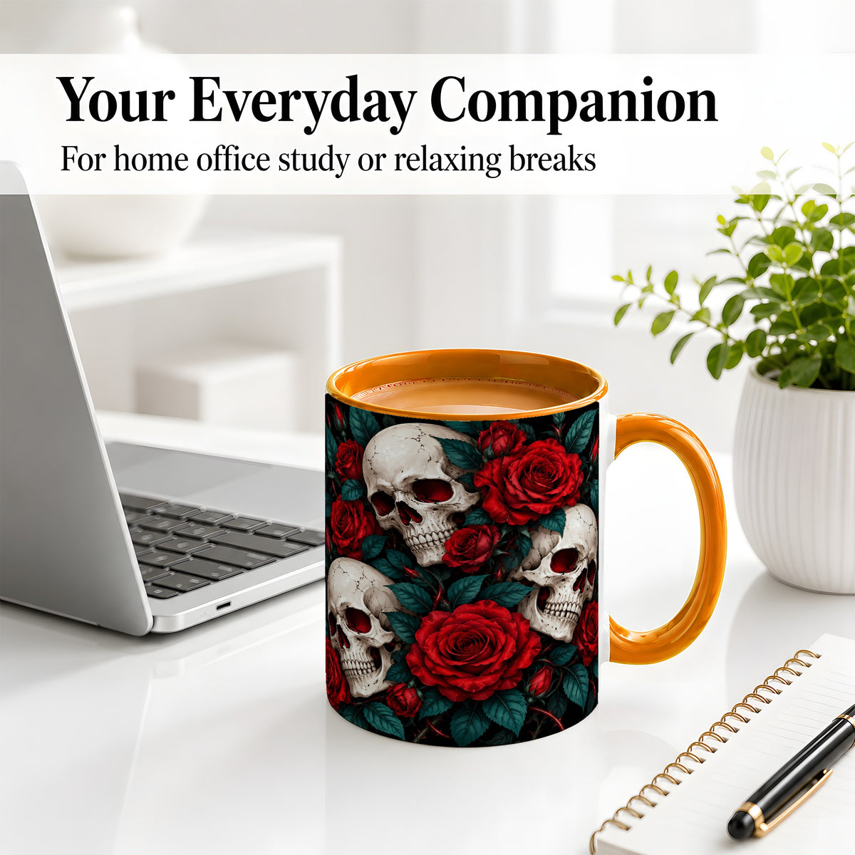 #pl[11oz|Orange] Red Rose Skull Ceramic Mug, Dark Gothic Roses and Floral Artwork