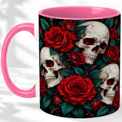 #pl[11oz|Pink] Red Rose Skull Ceramic Mug, Dark Gothic Roses and Floral Artwork