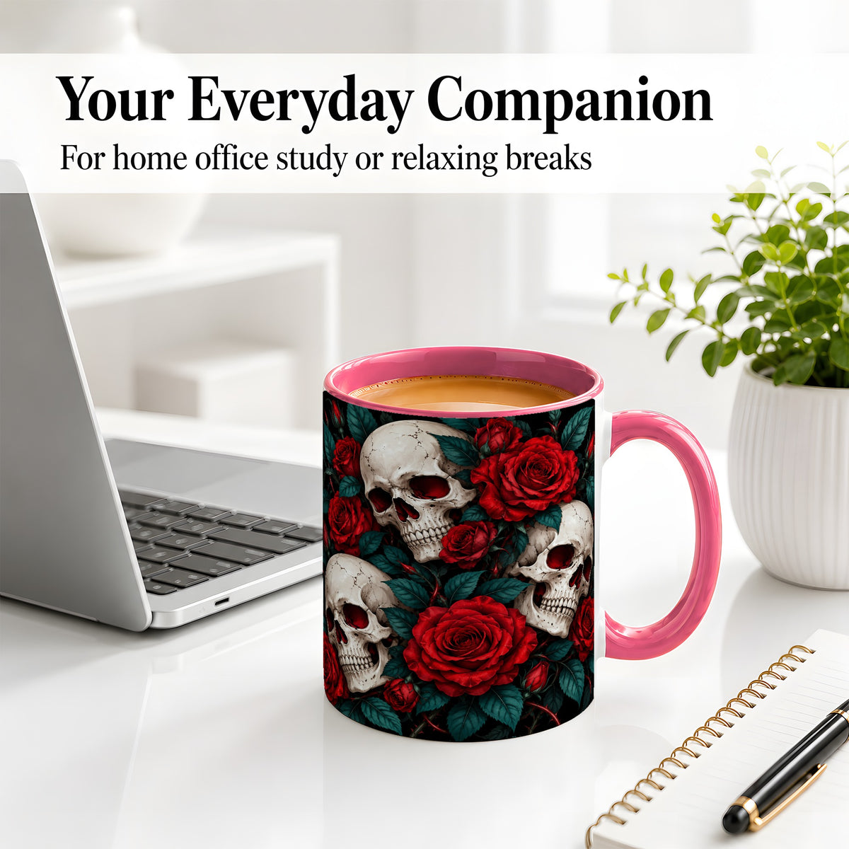 #pl[11oz|Pink] Red Rose Skull Ceramic Mug, Dark Gothic Roses and Floral Artwork