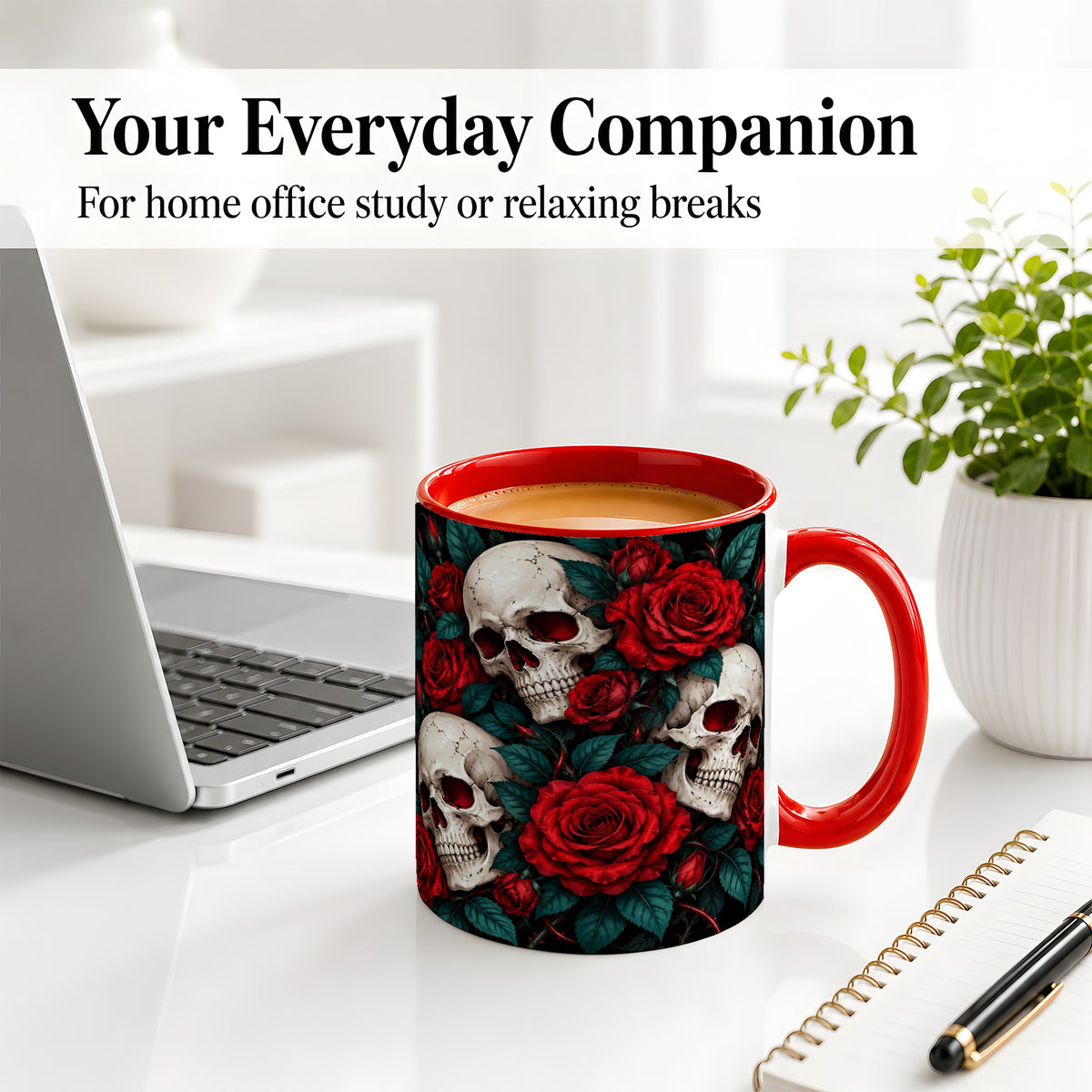 #pl[11oz|Red] Red Rose Skull Ceramic Mug, Dark Gothic Roses and Floral Artwork