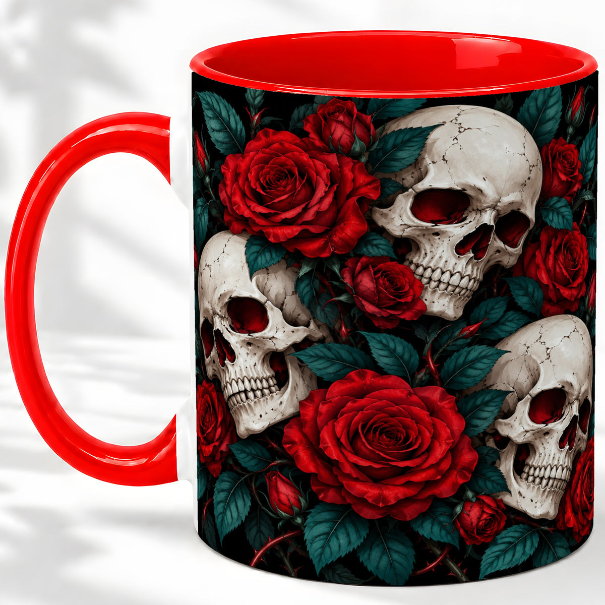 Red Rose Skull Ceramic Mug, Dark Gothic Roses and Floral Artwork
