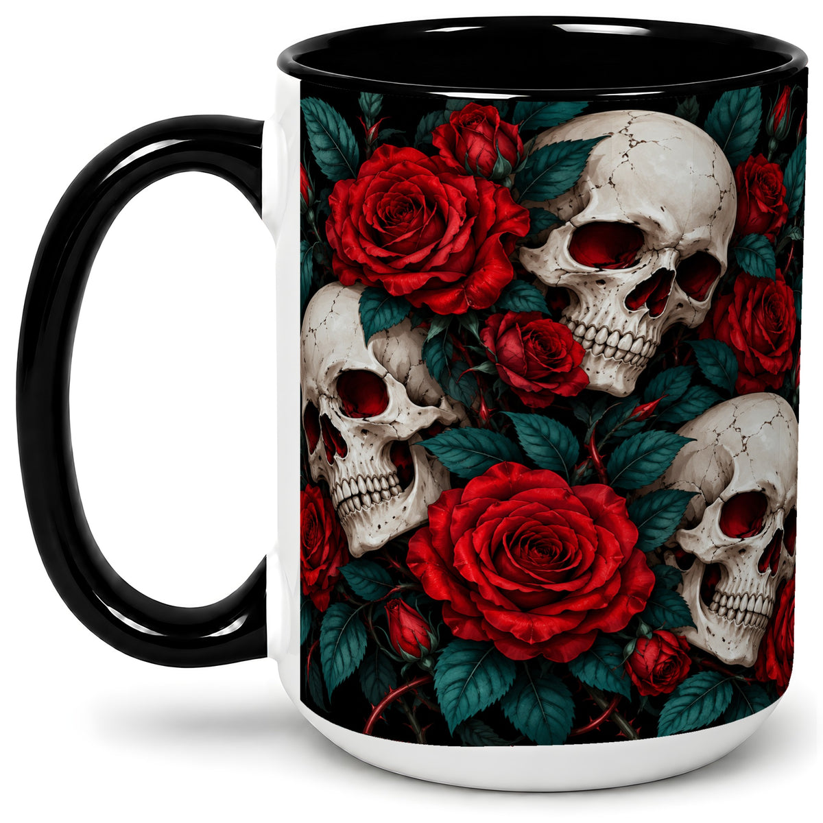 #pl[15oz|Black] Red Rose Skull Ceramic Mug, Dark Gothic Roses and Floral Artwork