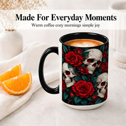 #pl[15oz|Black] Red Rose Skull Ceramic Mug, Dark Gothic Roses and Floral Artwork