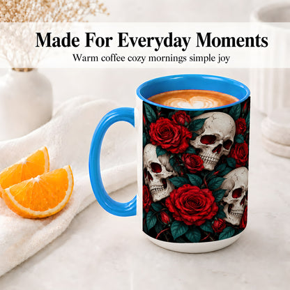 #pl[15oz|Blue] Red Rose Skull Ceramic Mug, Dark Gothic Roses and Floral Artwork