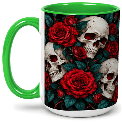 #pl[15oz|Green] Red Rose Skull Ceramic Mug, Dark Gothic Roses and Floral Artwork