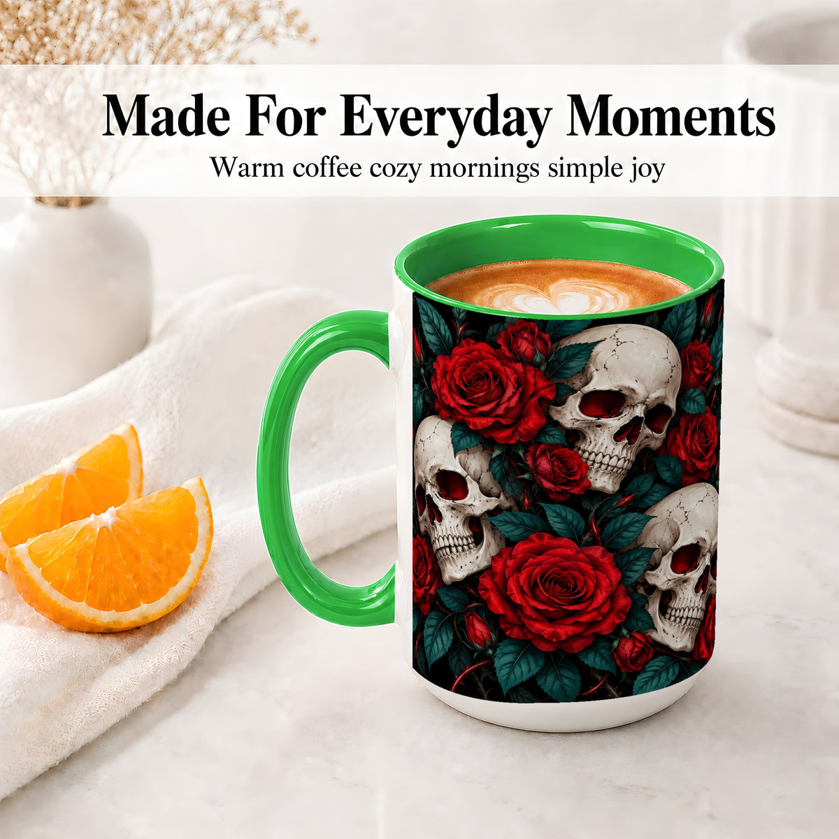 #pl[15oz|Green] Red Rose Skull Ceramic Mug, Dark Gothic Roses and Floral Artwork