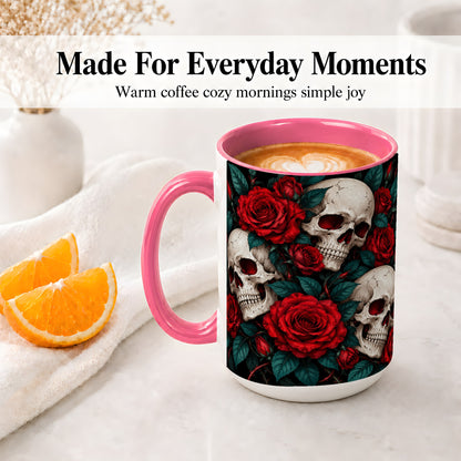 #pl[15oz|Pink] Red Rose Skull Ceramic Mug, Dark Gothic Roses and Floral Artwork