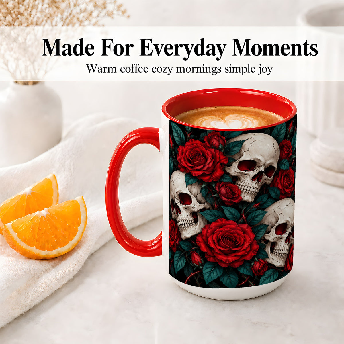 #pl[15oz|Red] Red Rose Skull Ceramic Mug, Dark Gothic Roses and Floral Artwork
