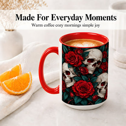 #pl[15oz|Red] Red Rose Skull Ceramic Mug, Dark Gothic Roses and Floral Artwork