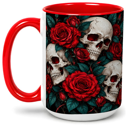 #pl[15oz|Red] Red Rose Skull Ceramic Mug, Dark Gothic Roses and Floral Artwork