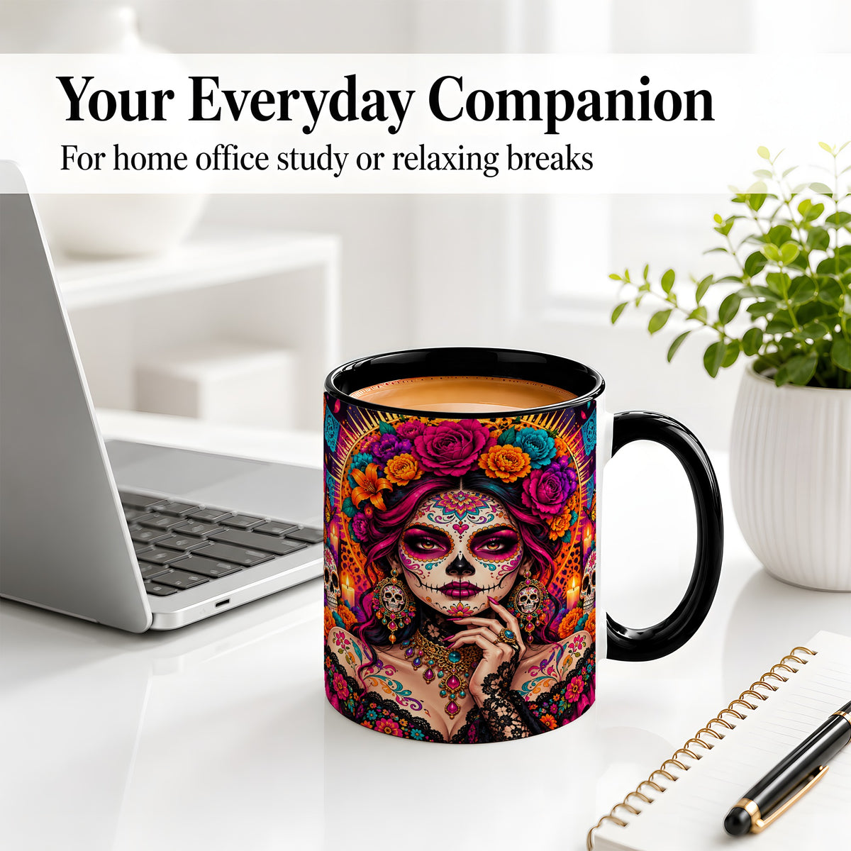 #pl[11oz|Black] Floral Sugar Skull Woman Ceramic Mug, Colorful Day of the Dead Art