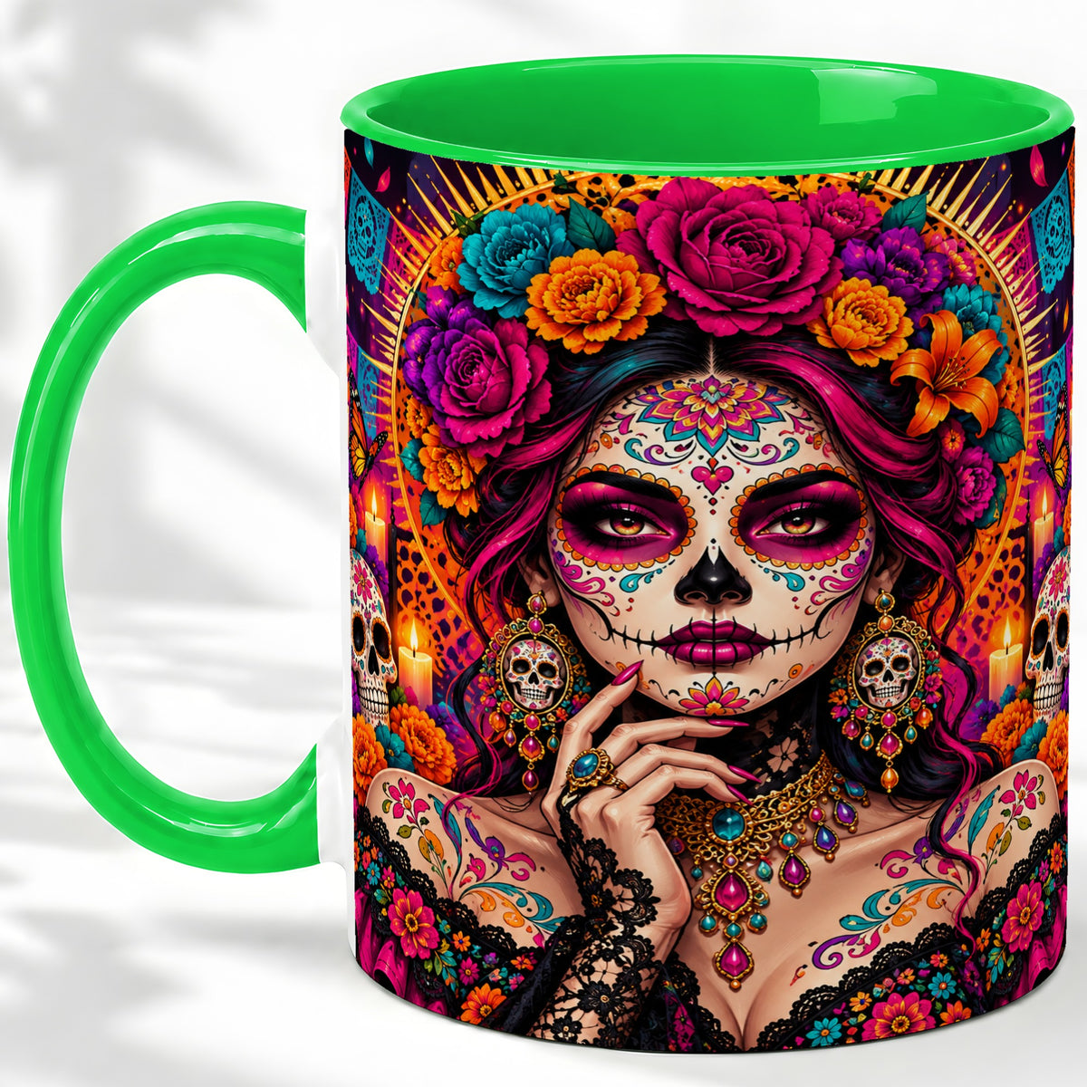 #pl[11oz|Green] Floral Sugar Skull Woman Ceramic Mug, Colorful Day of the Dead Art