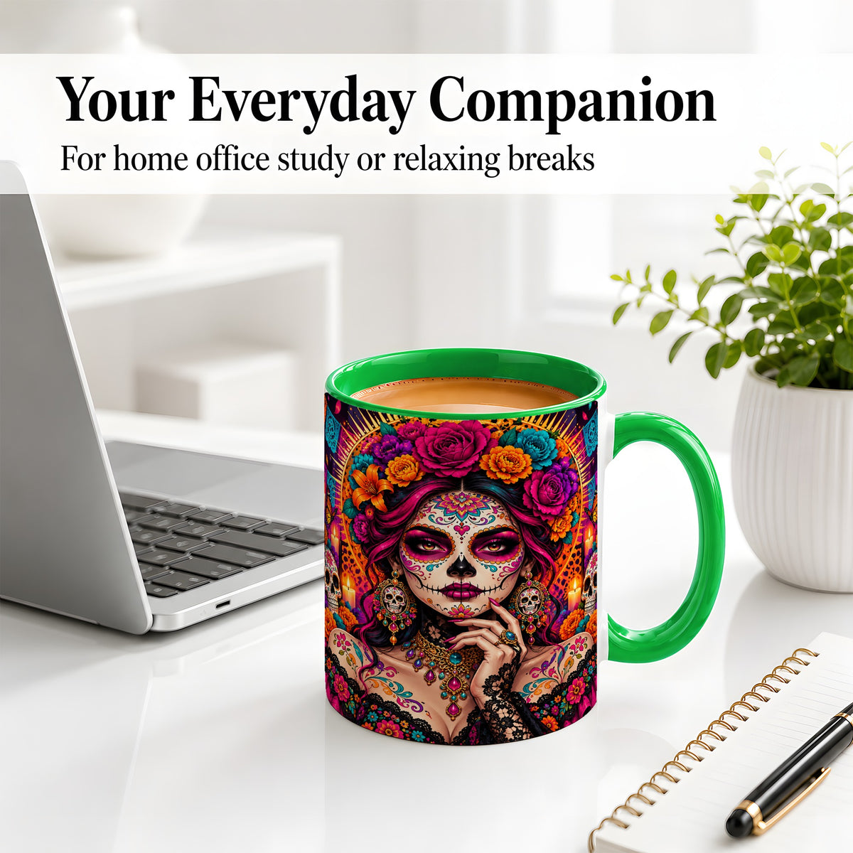 #pl[11oz|Green] Floral Sugar Skull Woman Ceramic Mug, Colorful Day of the Dead Art