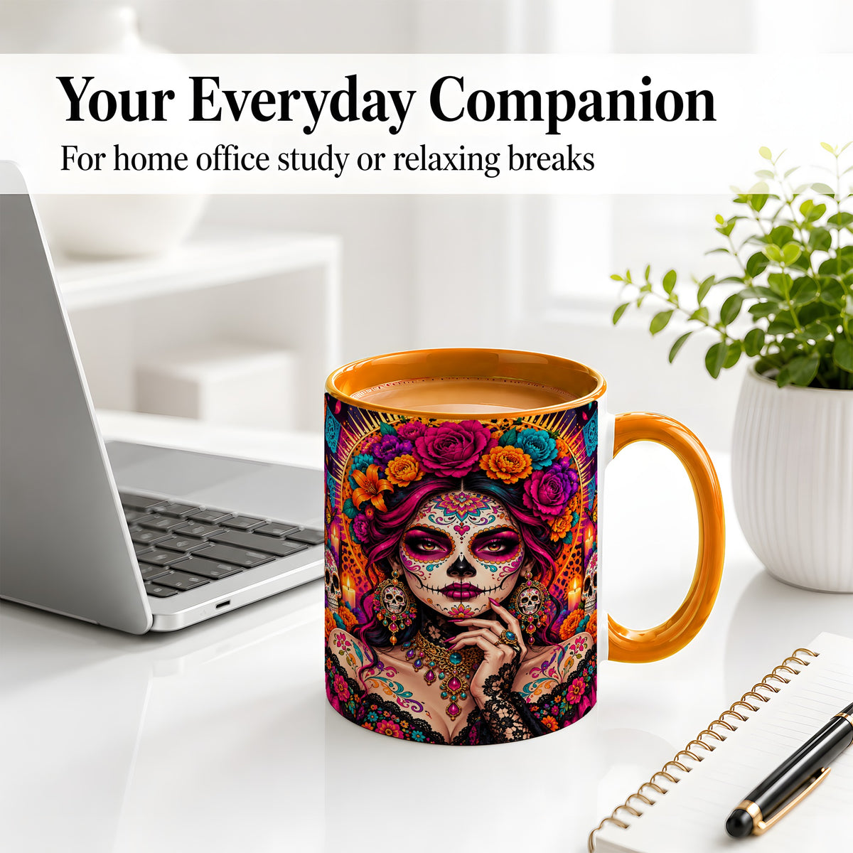 #pl[11oz|Orange] Floral Sugar Skull Woman Ceramic Mug, Colorful Day of the Dead Art
