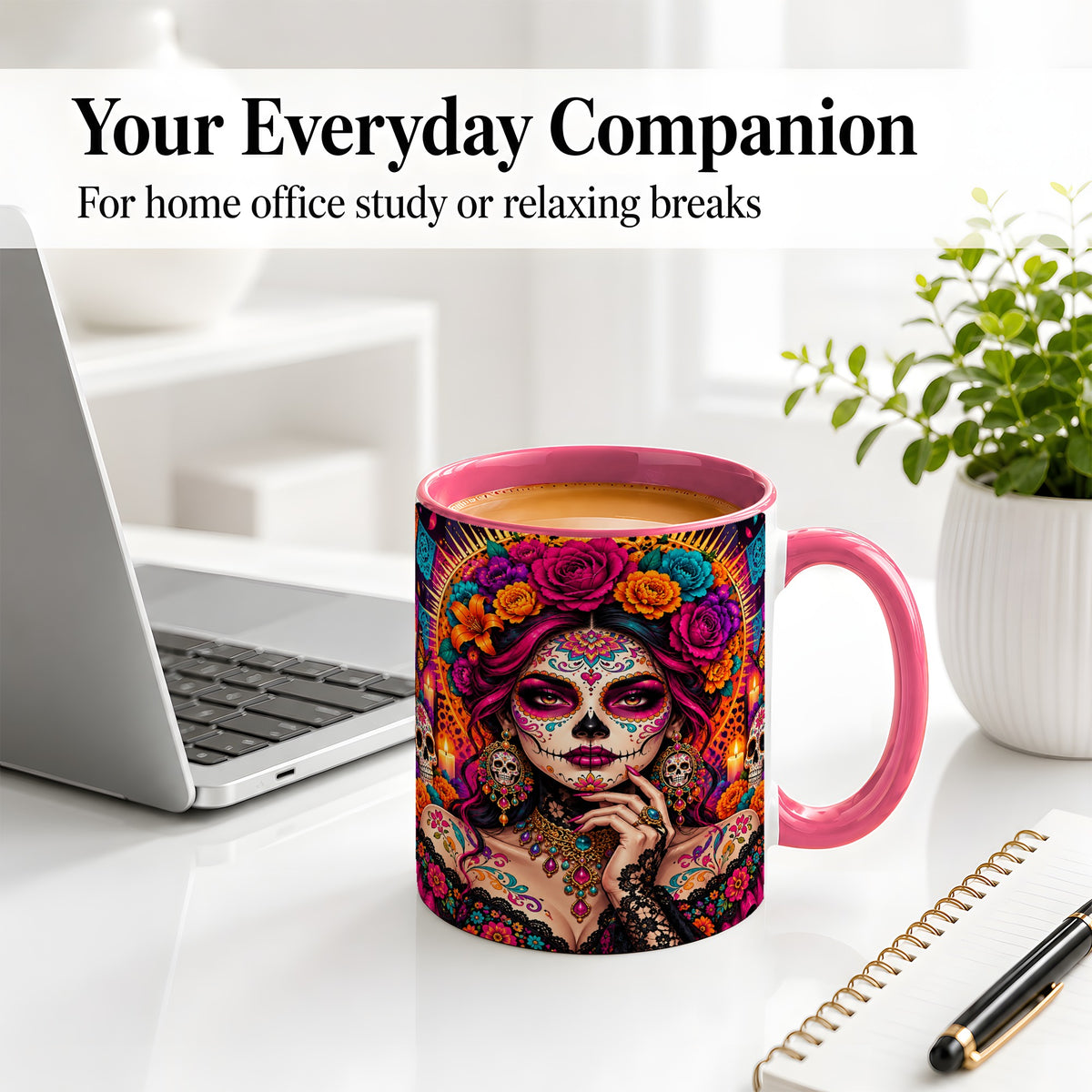 #pl[11oz|Pink] Floral Sugar Skull Woman Ceramic Mug, Colorful Day of the Dead Art