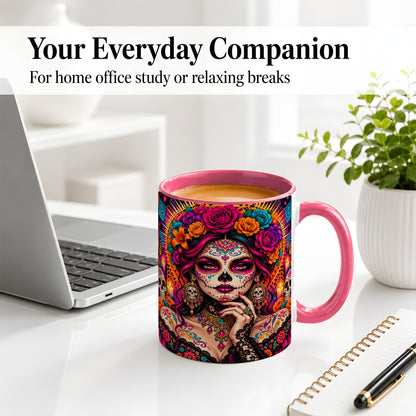 #pl[11oz|Pink] Floral Sugar Skull Woman Ceramic Mug, Colorful Day of the Dead Art