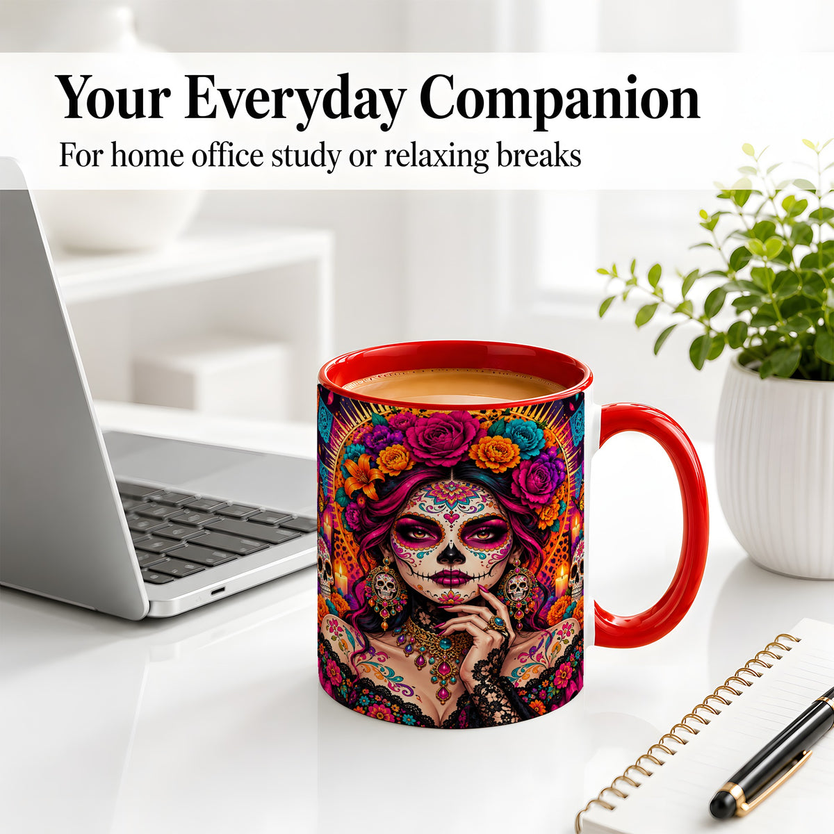 #pl[11oz|Red] Floral Sugar Skull Woman Ceramic Mug, Colorful Day of the Dead Art