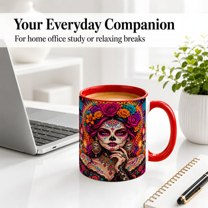 #pl[11oz|Red] Floral Sugar Skull Woman Ceramic Mug, Colorful Day of the Dead Art