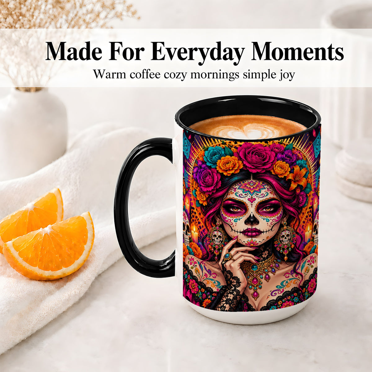 #pl[15oz|Black] Floral Sugar Skull Woman Ceramic Mug, Colorful Day of the Dead Art