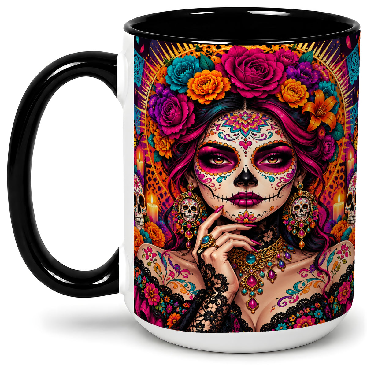 #pl[15oz|Black] Floral Sugar Skull Woman Ceramic Mug, Colorful Day of the Dead Art