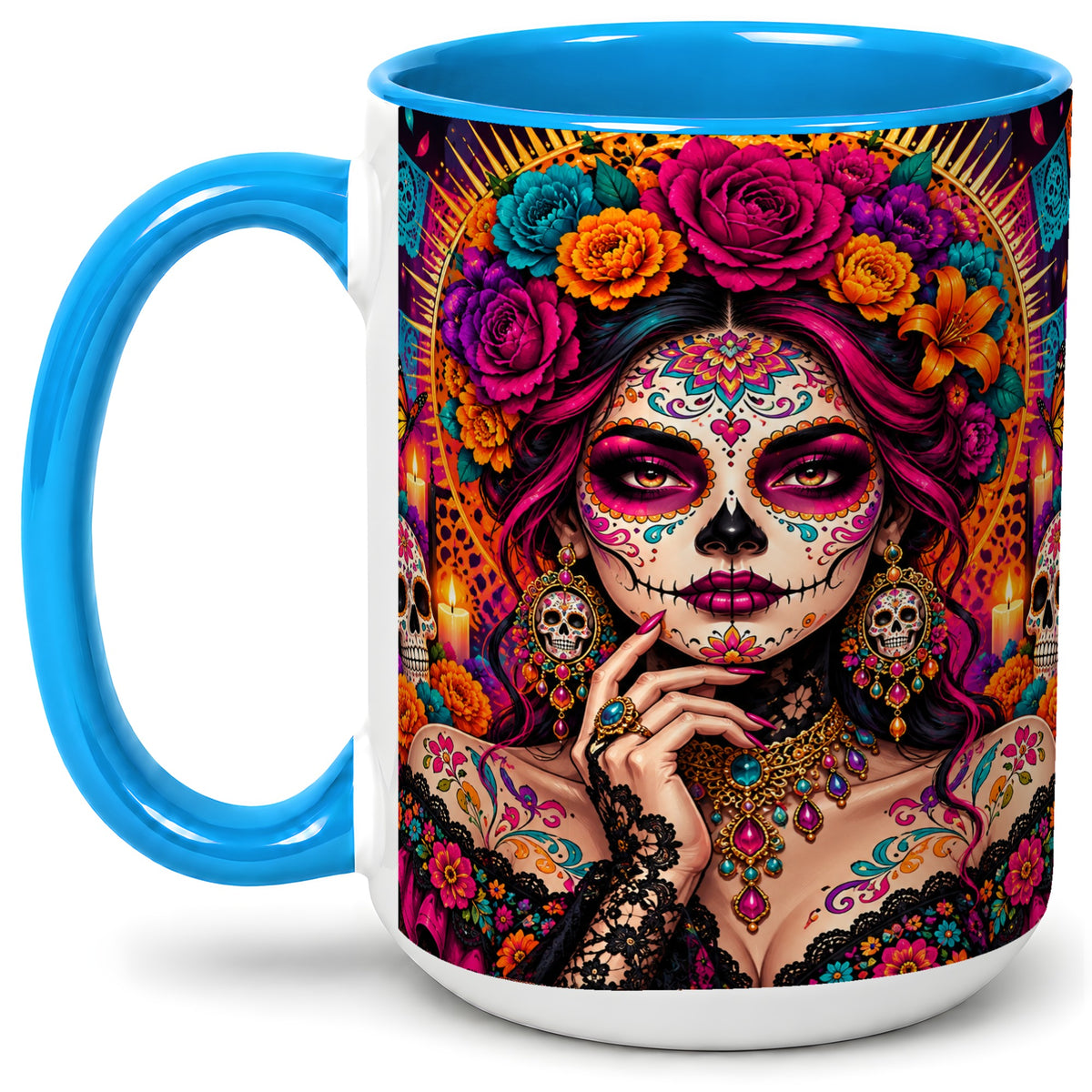 #pl[15oz|Blue] Floral Sugar Skull Woman Ceramic Mug, Colorful Day of the Dead Art
