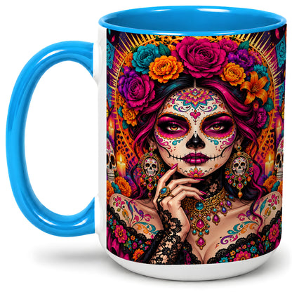 #pl[15oz|Blue] Floral Sugar Skull Woman Ceramic Mug, Colorful Day of the Dead Art