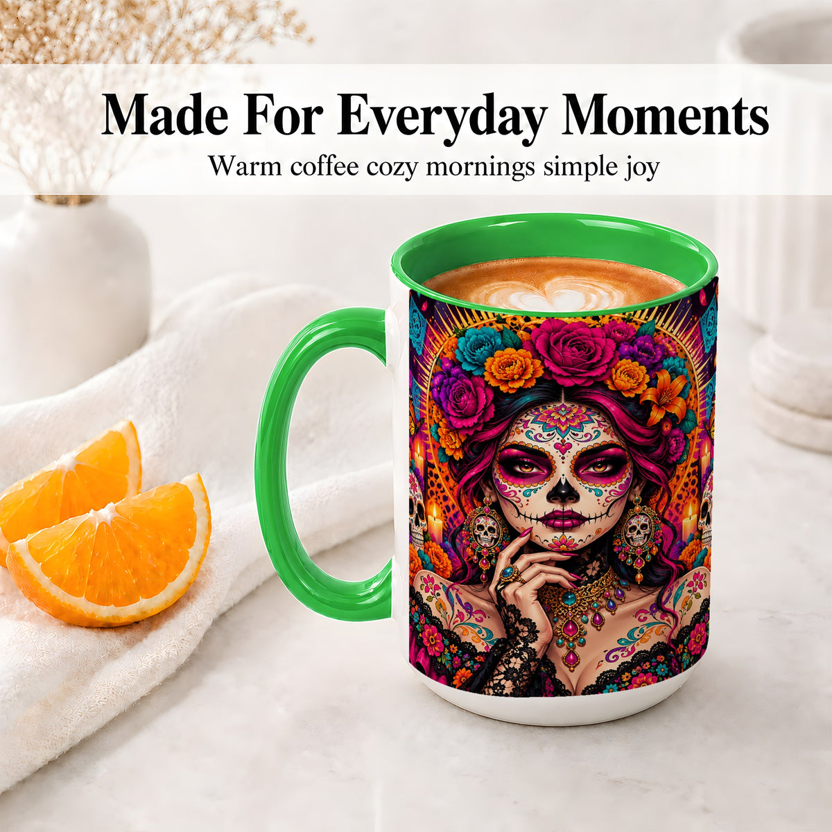 #pl[15oz|Green] Floral Sugar Skull Woman Ceramic Mug, Colorful Day of the Dead Art