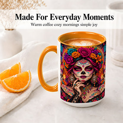#pl[15oz|Orange] Floral Sugar Skull Woman Ceramic Mug, Colorful Day of the Dead Art
