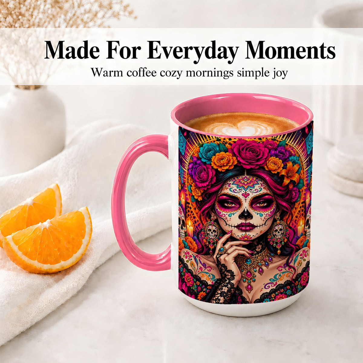 #pl[15oz|Pink] Floral Sugar Skull Woman Ceramic Mug, Colorful Day of the Dead Art