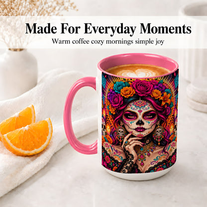 #pl[15oz|Pink] Floral Sugar Skull Woman Ceramic Mug, Colorful Day of the Dead Art