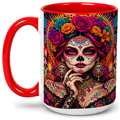 #pl[15oz|Red] Floral Sugar Skull Woman Ceramic Mug, Colorful Day of the Dead Art