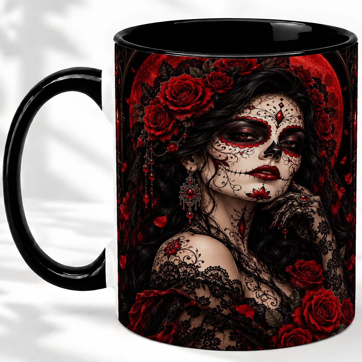 #pl[11oz|Black] Gothic Sugar Skull Woman Ceramic Mug, Red Rose and Moon Artwork