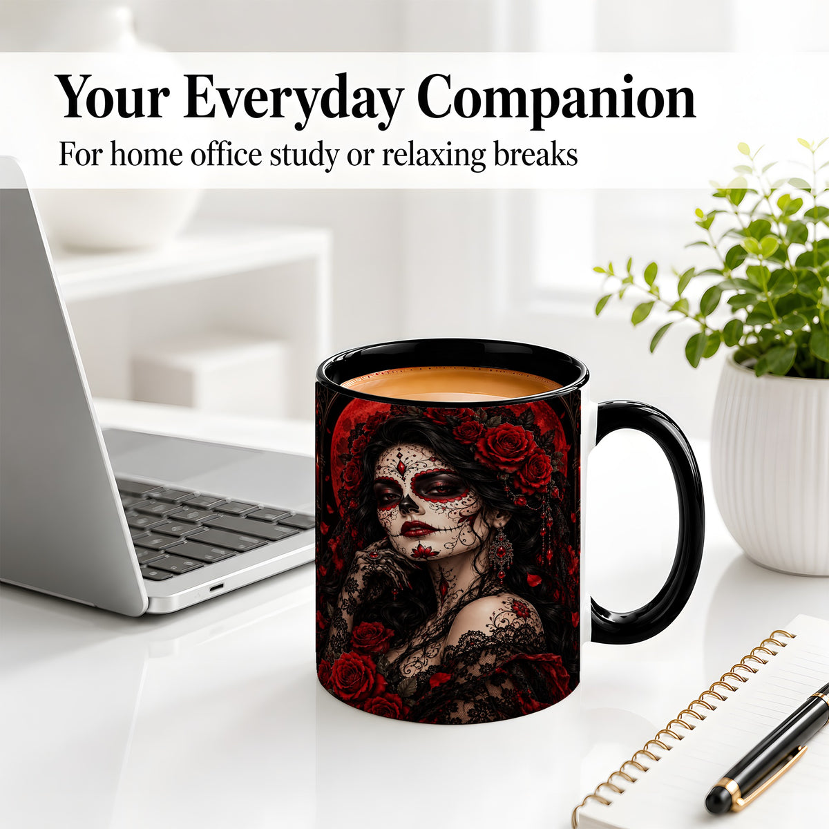 #pl[11oz|Black] Gothic Sugar Skull Woman Ceramic Mug, Red Rose and Moon Artwork