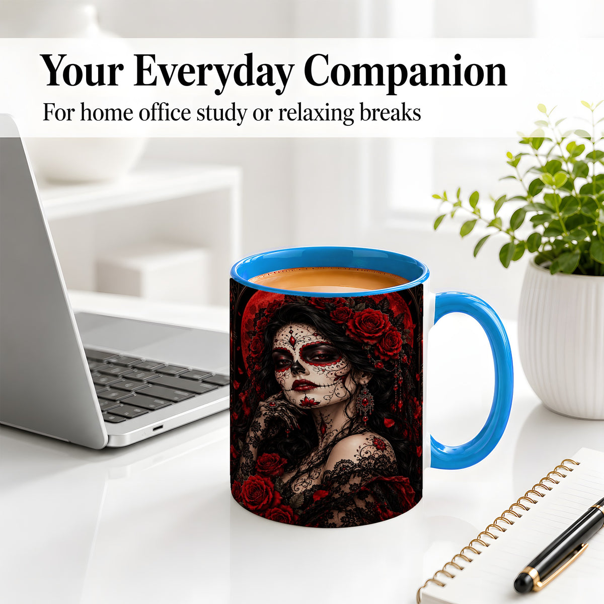 #pl[11oz|Blue] Gothic Sugar Skull Woman Ceramic Mug, Red Rose and Moon Artwork