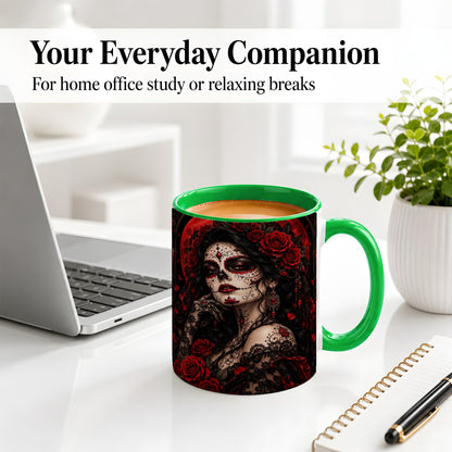#pl[11oz|Green] Gothic Sugar Skull Woman Ceramic Mug, Red Rose and Moon Artwork