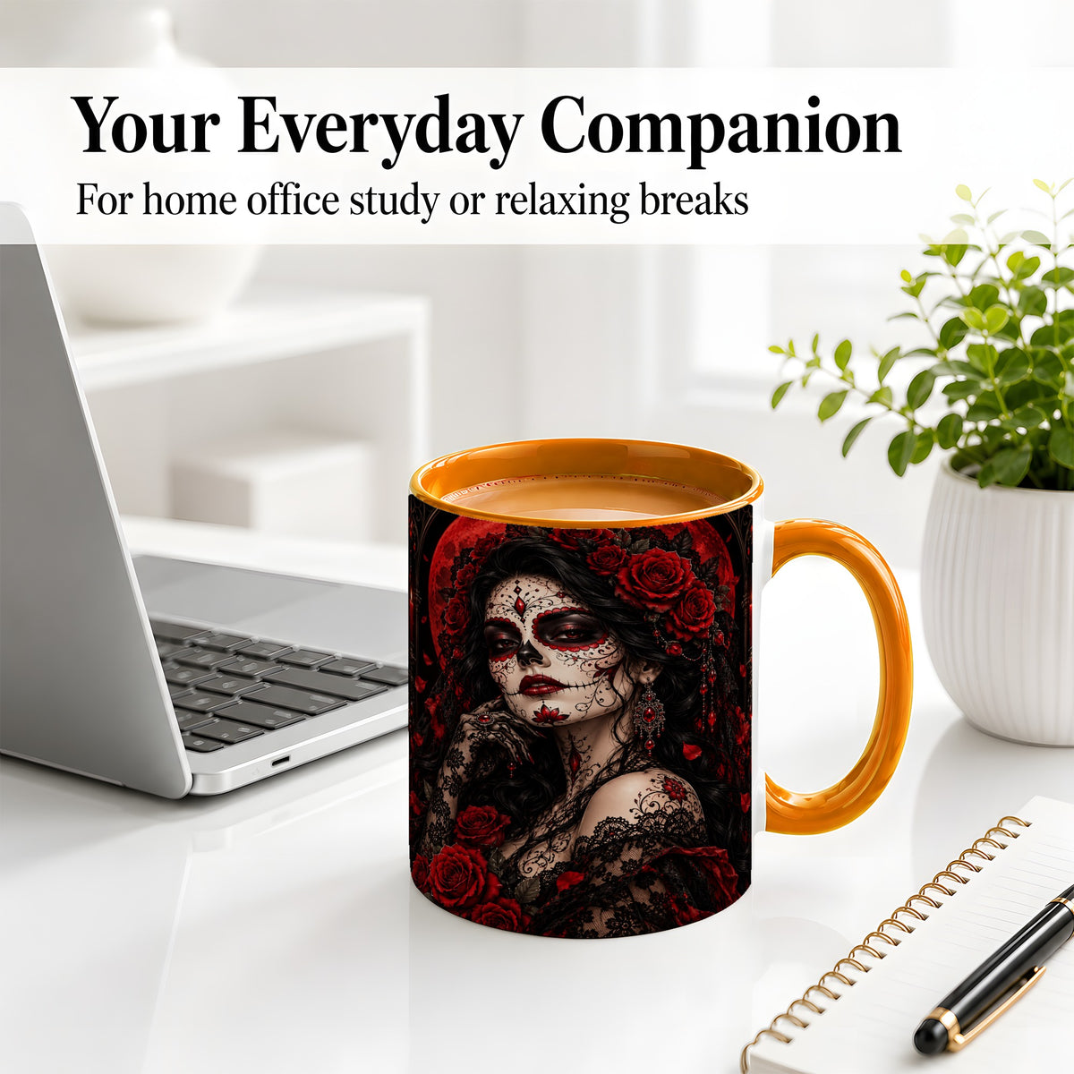 #pl[11oz|Orange] Gothic Sugar Skull Woman Ceramic Mug, Red Rose and Moon Artwork