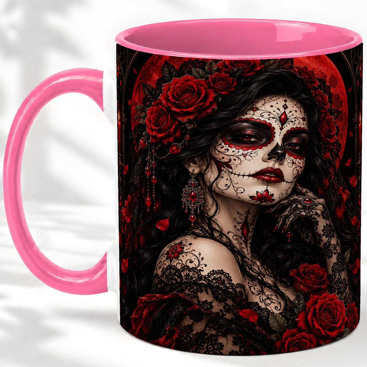 #pl[11oz|Pink] Gothic Sugar Skull Woman Ceramic Mug, Red Rose and Moon Artwork