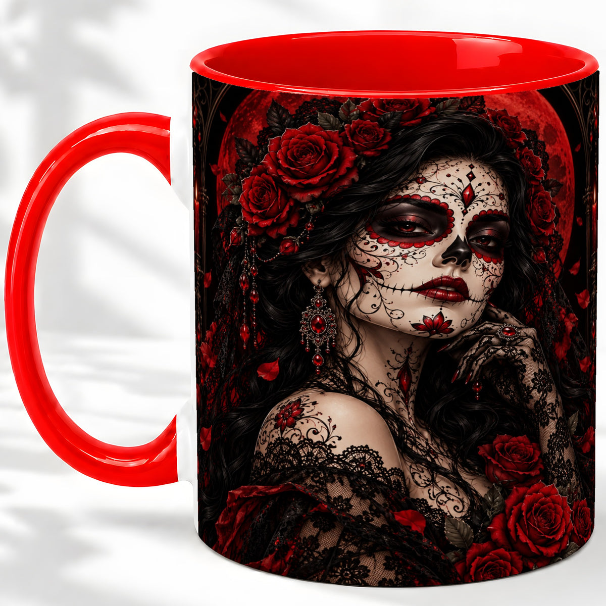 Gothic Sugar Skull Woman Ceramic Mug, Red Rose and Moon Artwork