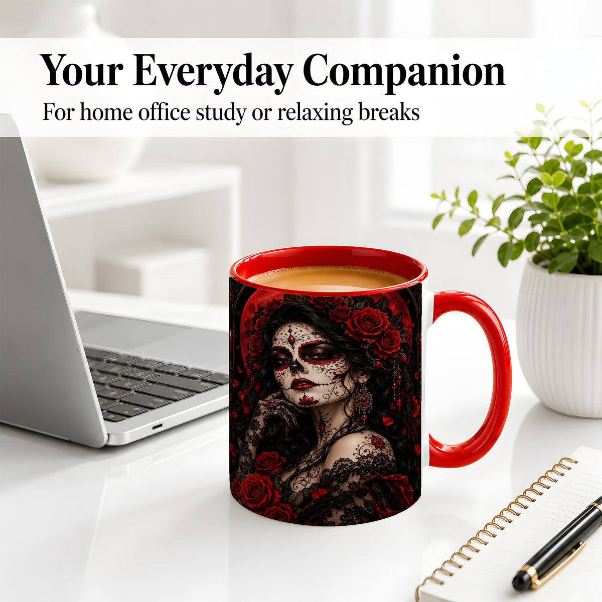 #pl[11oz|Red] Gothic Sugar Skull Woman Ceramic Mug, Red Rose and Moon Artwork