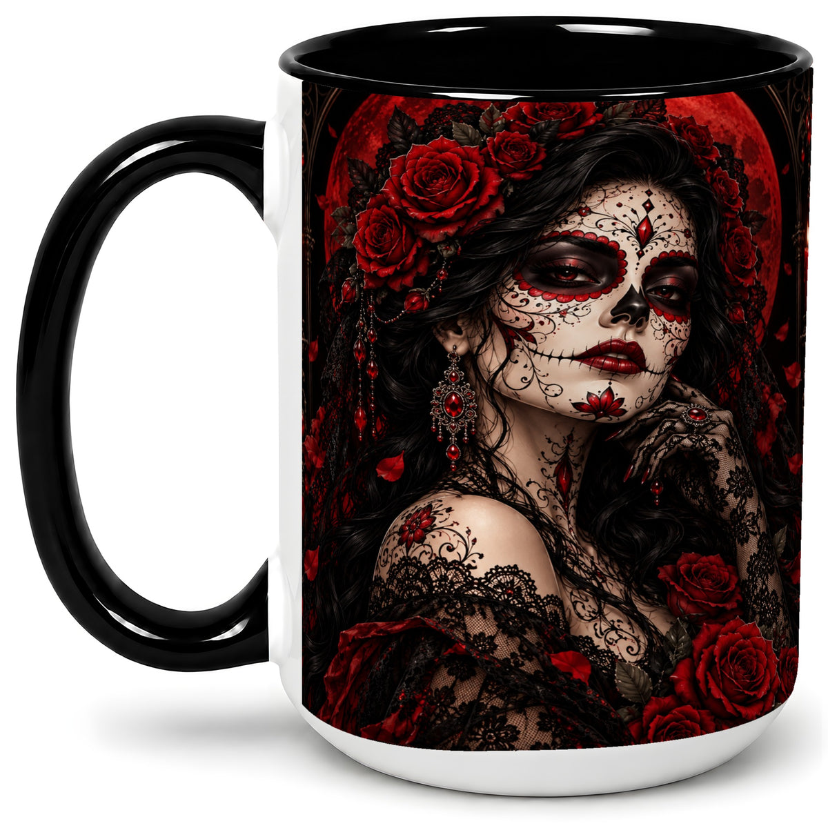 #pl[15oz|Black] Gothic Sugar Skull Woman Ceramic Mug, Red Rose and Moon Artwork