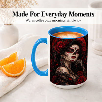 #pl[15oz|Blue] Gothic Sugar Skull Woman Ceramic Mug, Red Rose and Moon Artwork