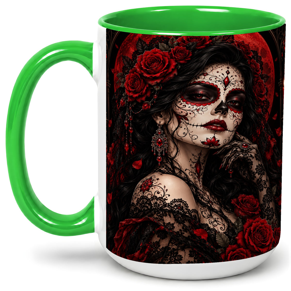 #pl[15oz|Green] Gothic Sugar Skull Woman Ceramic Mug, Red Rose and Moon Artwork