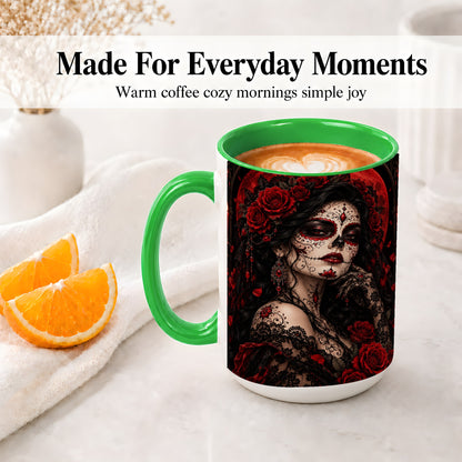 #pl[15oz|Green] Gothic Sugar Skull Woman Ceramic Mug, Red Rose and Moon Artwork