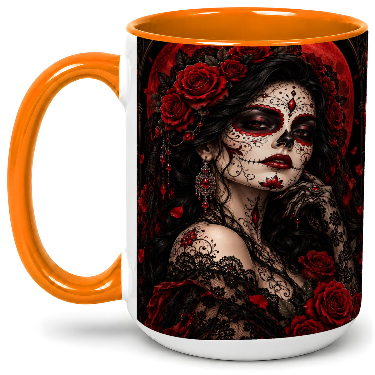 #pl[15oz|Orange] Gothic Sugar Skull Woman Ceramic Mug, Red Rose and Moon Artwork